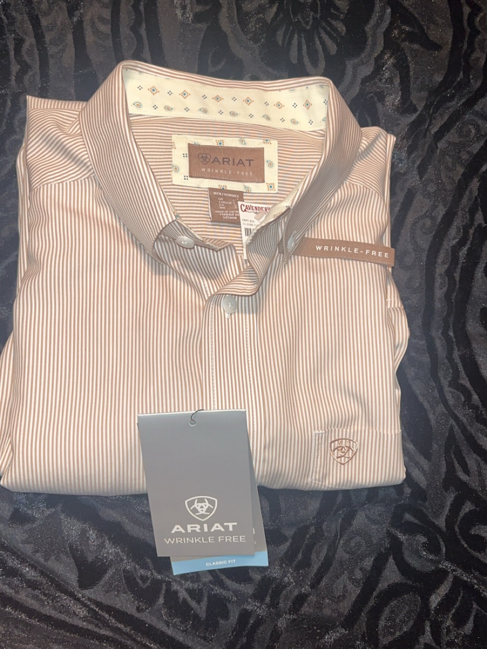 Ariat Men’s Wrinkle-Free Button-Up Shirt with tan stripes